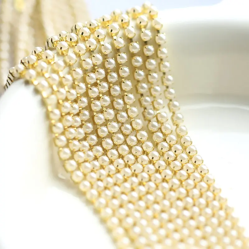 White Pearl Chain 10yards/roll Crystal Glass 2mm 3mm Golden Base Cup Rhinestone Apparel Sewing DIY Accessories