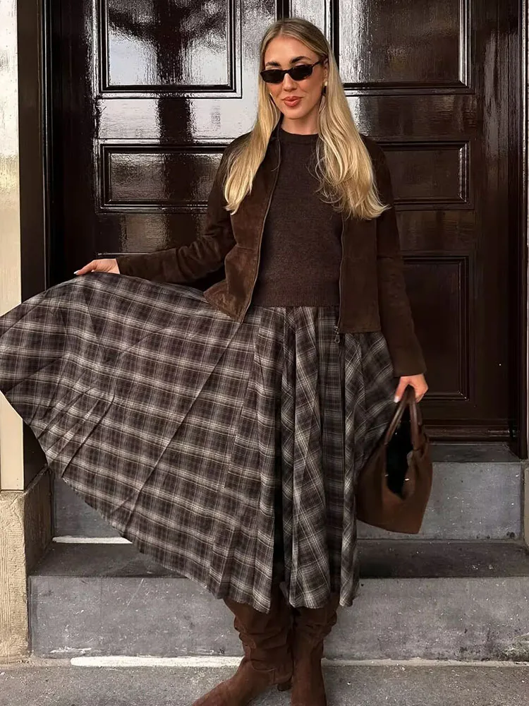HH Vrouw Mode Losse Rits Rok Vrouwen Chic Plaid Geplooide decoratie Midi Rok Casual Hoge Taille Street Style Rok 2 Kleuren