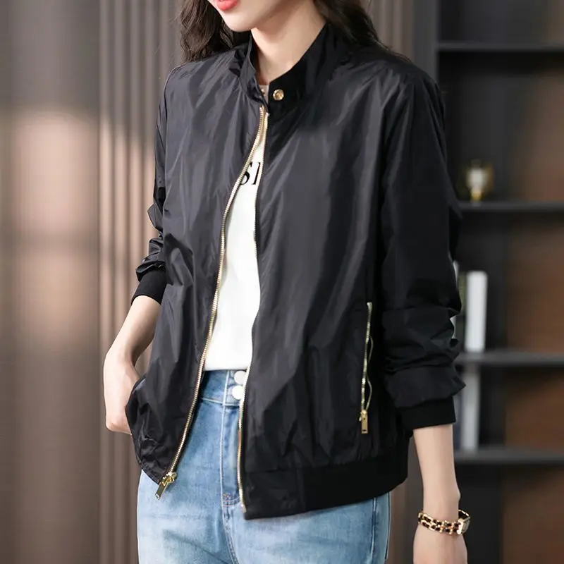 Baseball Aviator Coat Woman Zip-up Black Spring Autumn Plain Bomber Jacket for Women 2025 Trend Fashion High Quality Long Sleeve
