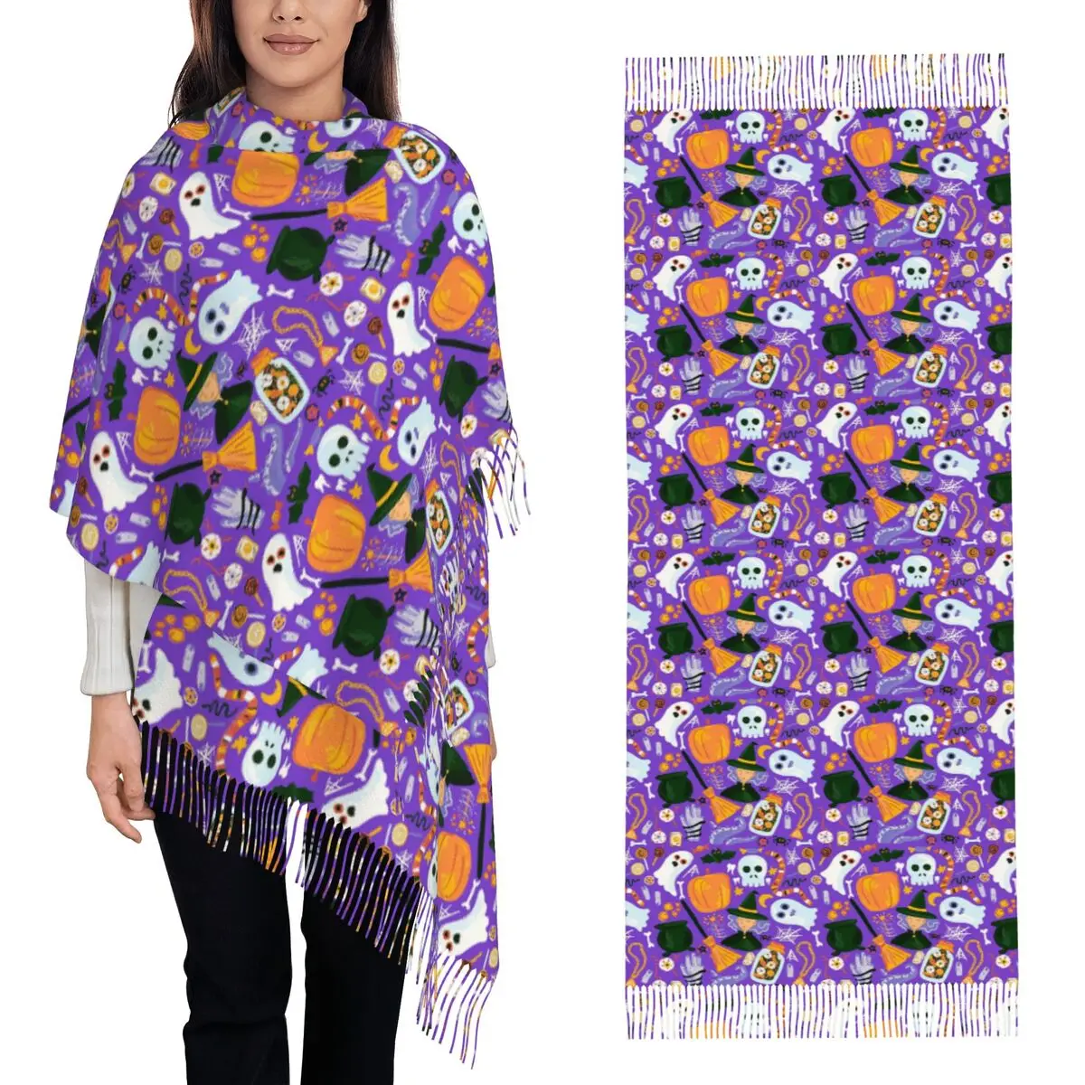 Halloween Black Cat Spider Gothic Witch Scarf Tassel Scarves Women Soft Warm Shawls and Wraps Long Fall Winter Shawl Wrap