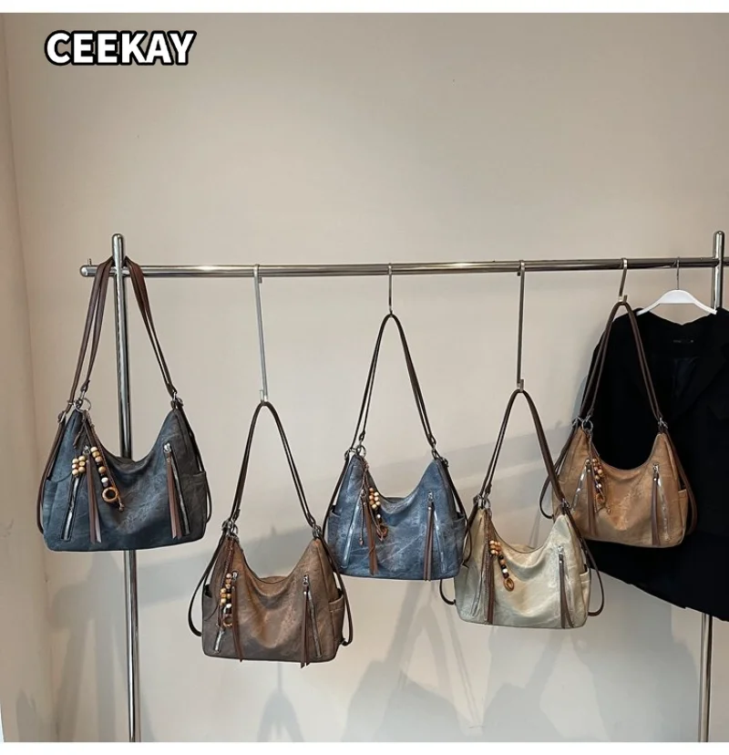 CEEKAY Women's Hobo Bag Khaki Textured PU Leather Large Shoulder Handbag Double Zipper Bead Pendant Daily Commute Casual