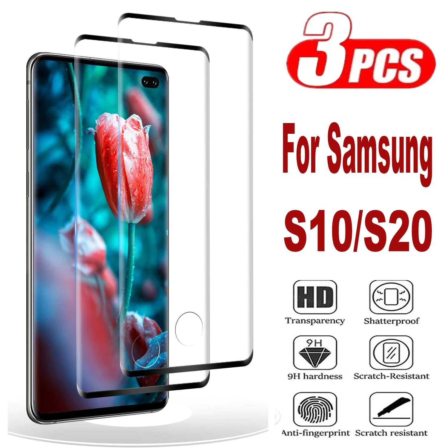 3Pcs 9H Curved Four Sides Glue Tempered Glass For Samsung Galaxy S10 S20 HD Screen Protector