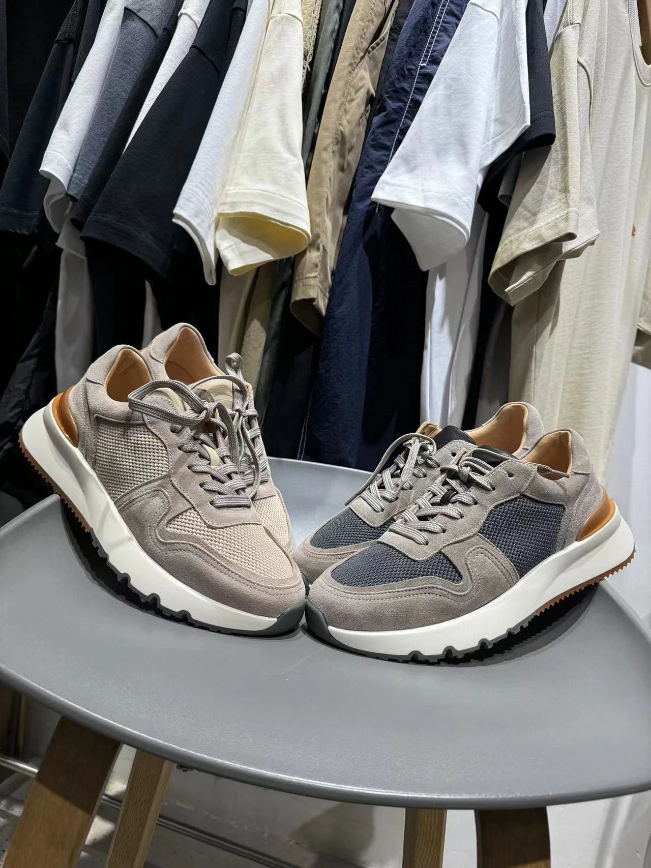 Italian first-layer cowhide mesh breathable lace-up thick-soled comfortable leather casual running shoes sports casual shoes