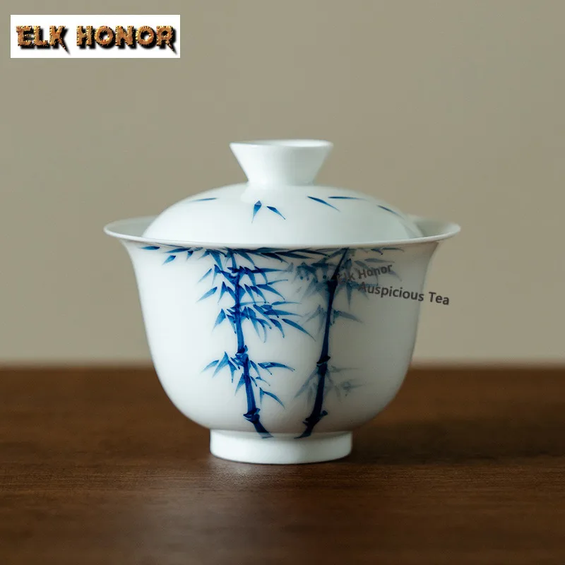 120ml White Porcelain Hand-painted Bamboo Gaiwan Handmade Tea Tureen Tea Bowl with Lid Kit Tea Brewing Cover Bowl Cafes Craft
