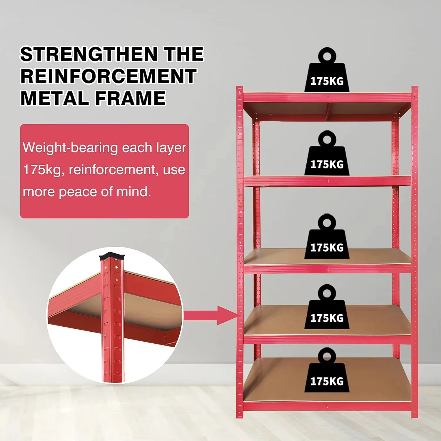 رف تخزين عالي التحمل من 5 طبقات باللون الأحمر 875 كجم، وحدات رفوف معدنية خالية من الأدوات قابلة للتعديل لمستودع المرآب 180X90X40CM