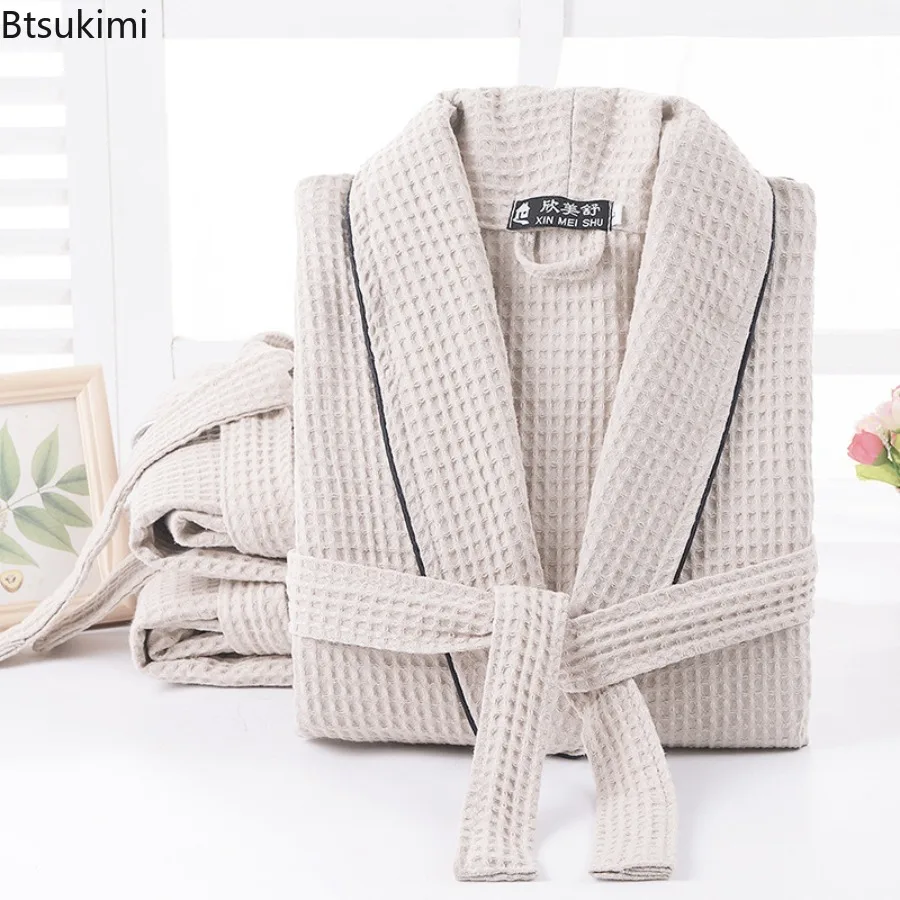 New 2026 Summer Men's and Women's Pure Cotton Bathrobe Waffle Patterned Yukata Nightgown Long Towel Material Absorbent Couple