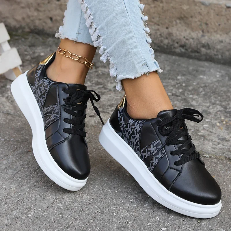 Spring and Autumn Fashion Women's Shoes Casual Sneakers Women's Round Toe Platform Shoes Lace-up Tennis Shoes Vulcanized Shoes