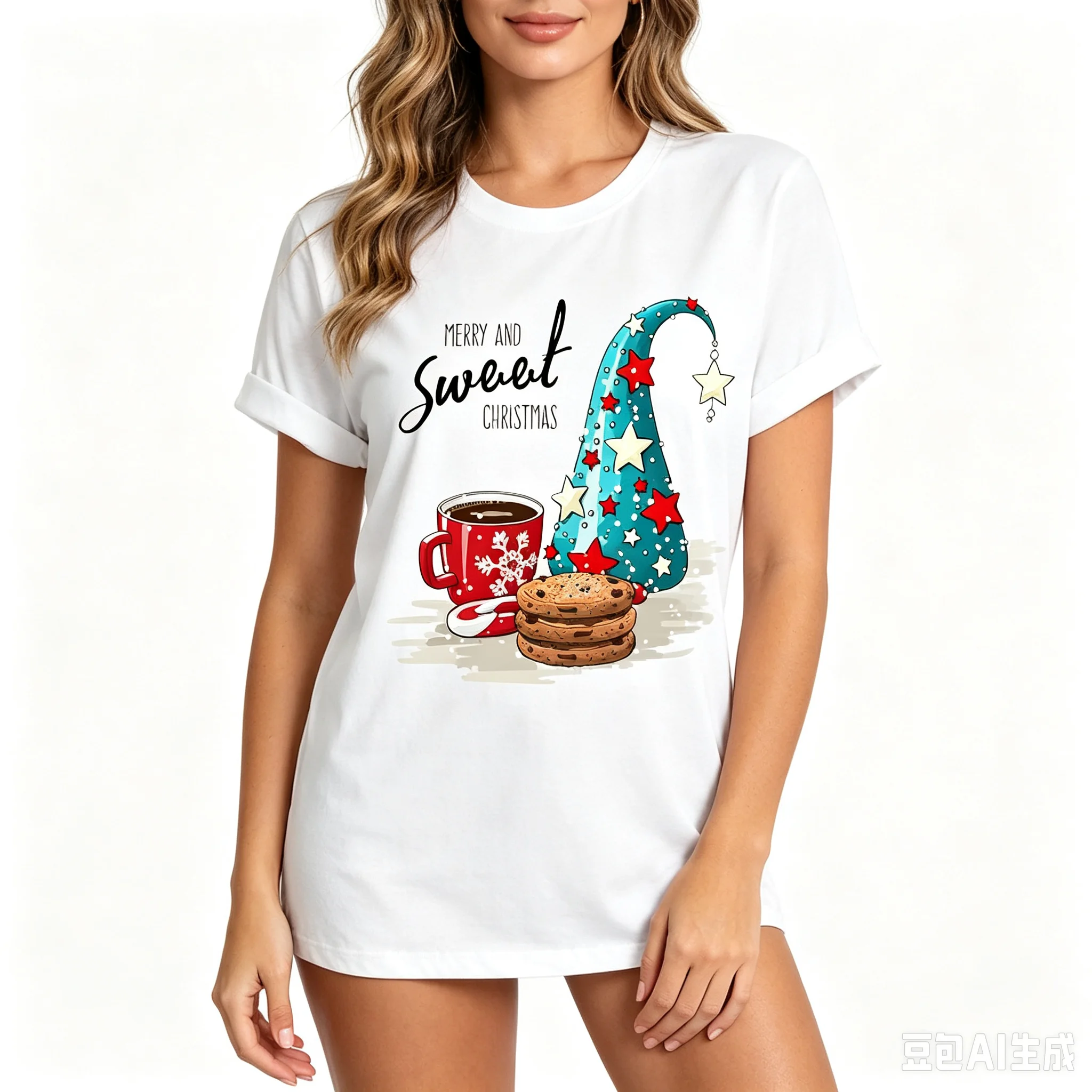 Women Merry And Sweet Christmas Graphic T‑Shirt Gnome Coffee Cookie Print O‑Neck Short Sleeve Tee Holiday Party Casual Female