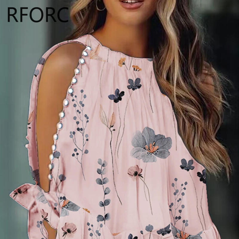 Blusa de manga larga con dobladillo y volantes para mujer, Top con estampado de diamantes de imitación, cuello redondo, decoración para vacaciones, 2024