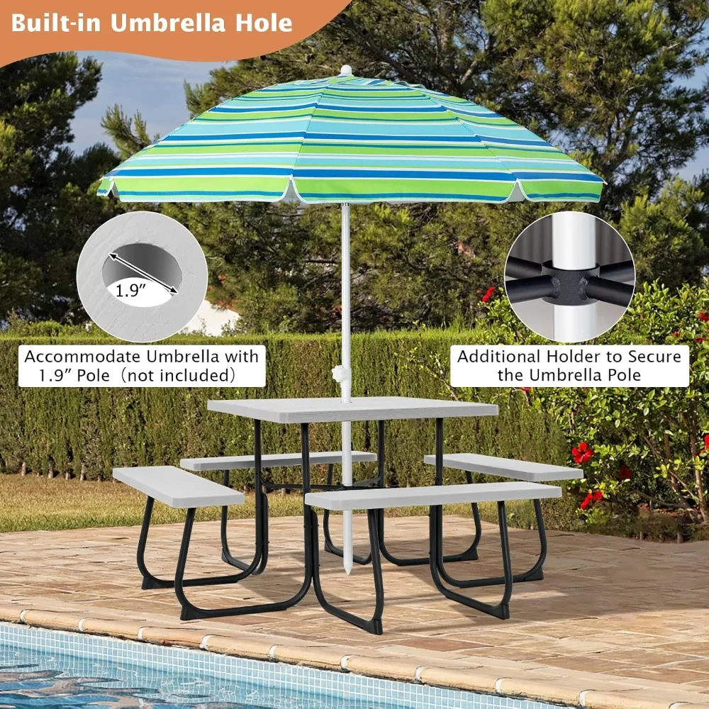 for 8 Persons HDPE Top & Metal Frame Picnic Table Bench Set 2000LBS Capacity, Umbrella Hole