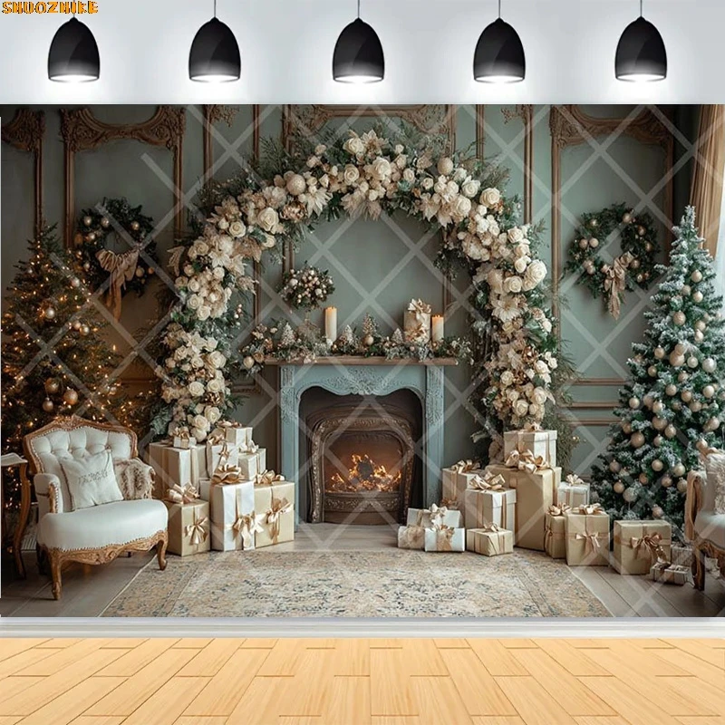 

Christmas Day Wreath Family New Year Party Photography Backdrops Prop Window Living Room Xmas Tree Gift Snow Background BV-27