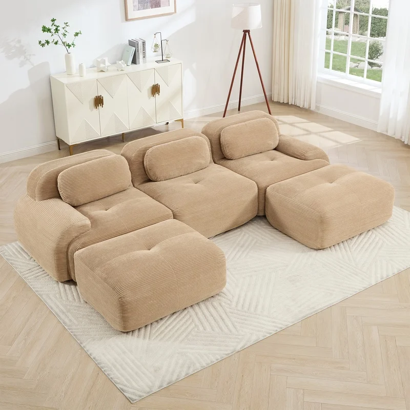 

Premium U-Shaped Sofa with Corduroy Fabric, Anti-Slip Base, Pet-Friendly, Extra-Wide Curved Arms, 32D High-Resilience Foam, Camel, No Assembly Required