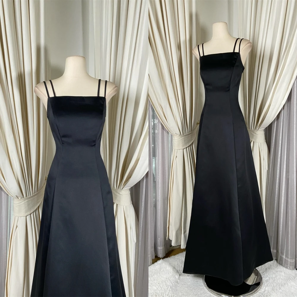 

Customized Delicate Black Satin Evening Dress Classic Square Collar Spaghetti Straps Prom Dress Sexy Lace Up Back Party Dress