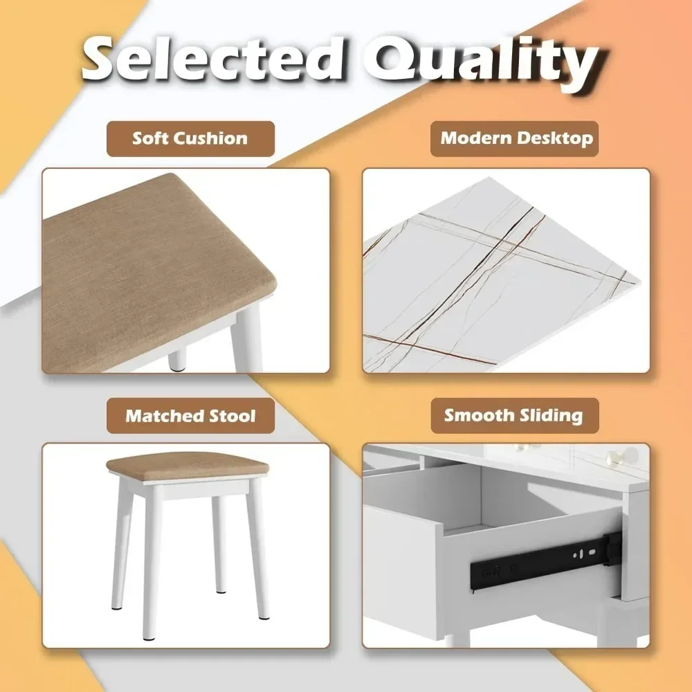 Drawer Table with Lighted Mirror Vanity Set Soft Cushioned Stool, 4 Storage Drawers, Vanity Desk