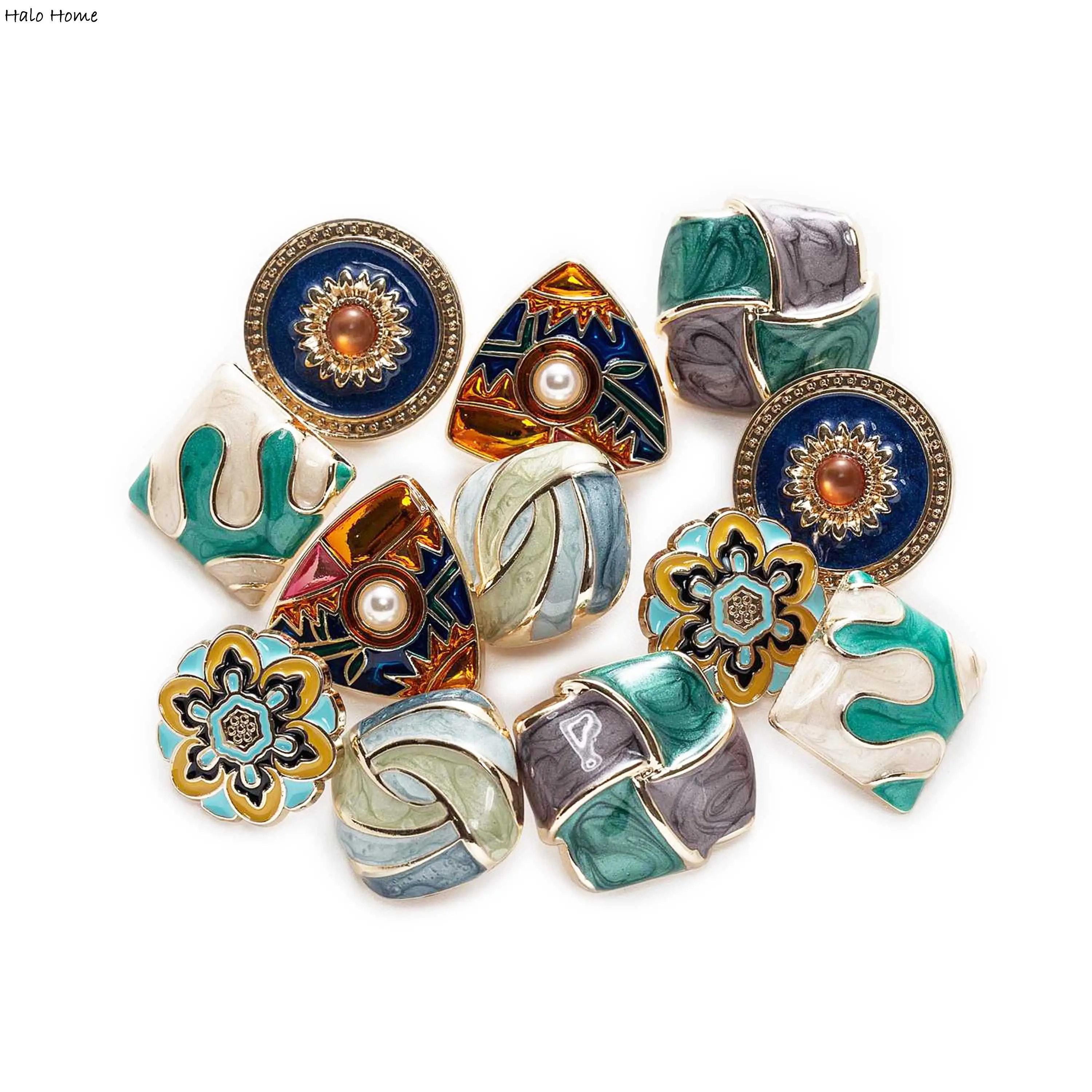 5 pcs of the same style Set, Assorted Vintage Button , Mixed Shapes & Colors, Enamel and Gemstone Accents for Crafts & Sewing