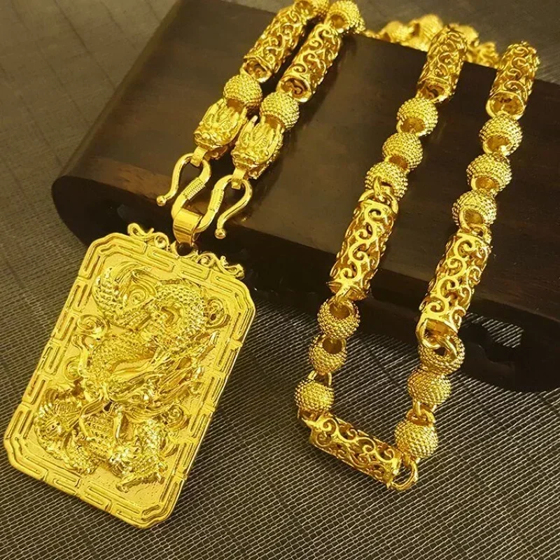 

24K Gold Necklace Men Dragon Guan Gong Pendant 9999 Real Gold Necklace