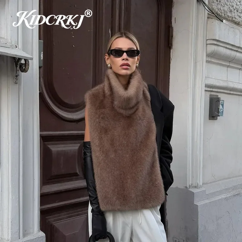 KIDCRKJ Trend Faux Fur Sable Vest Crop Top Autumn Winter Ladies Turtleneck Eco Mink Fur Tank Tops Female Sleeveless Jacket Coat