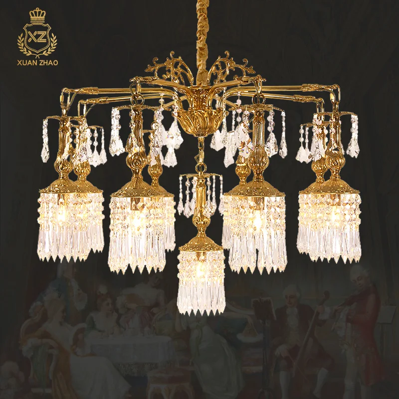 

XUANZHAO Vintage Living Dining Room Copper Pendant Light French Romantic Style Led Crystal Brass Chandelier