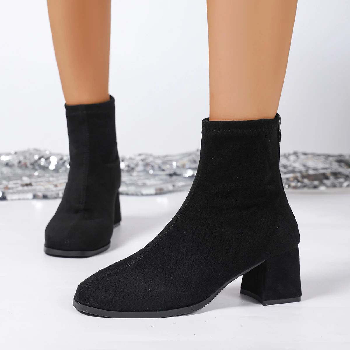 Round-toe suede thick-soled leopard print short boots - Women's 2025 autumn-winter retro large size back zipper nude boots - Image 6