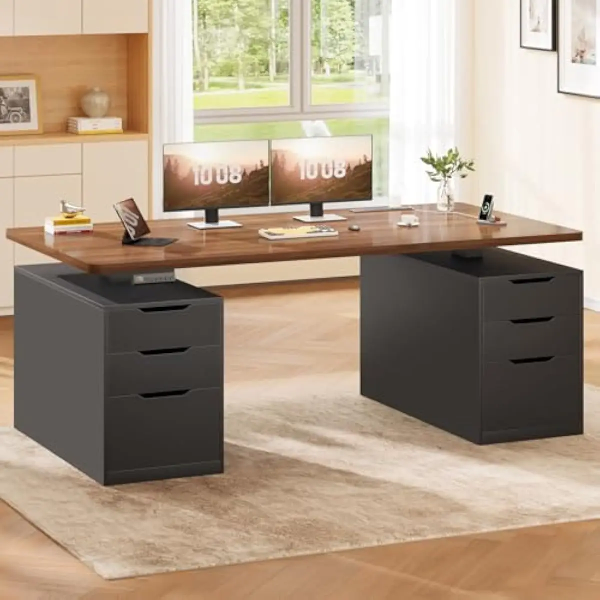 Electric height-adjustable workstation with six spacious storage drawers, 55-inch wide desktop, quiet dual-motor lift system, bu