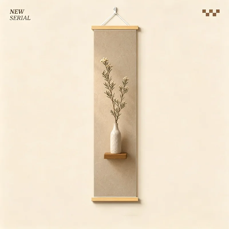 Wildflower Wall Art 4-Panel Neutral Branch Vase Hanging Scroll Set on Cream Silver Shimmer Canvas for Cozy Bedroom Home Decor