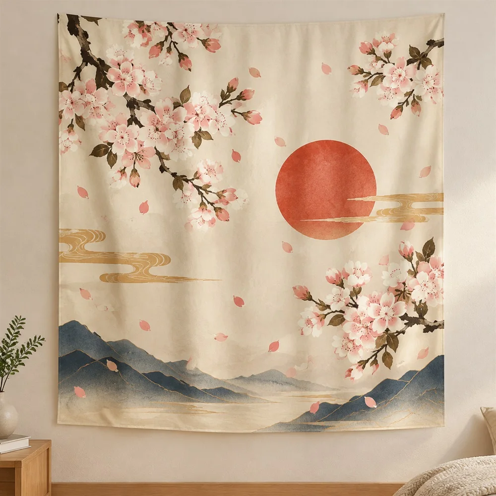 VIKAMA Cherry Blossom Branch Clustered Groups Tapestry Wall Hanging, Japanese Wall Decor Tapestries for Living Room Bedroom