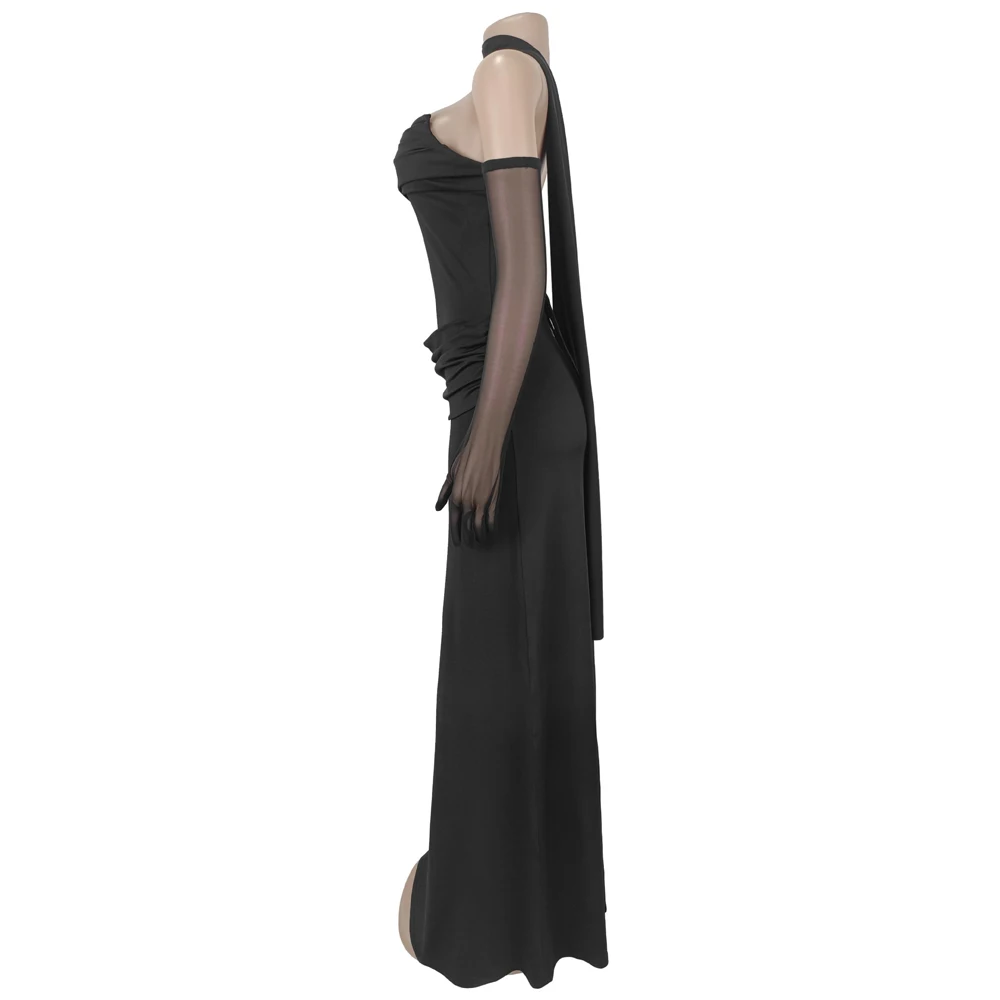 JENYAGE Damen-Abendkleid mit Neckholder-Ausschnitt und Handschuhen, gerafftes, figurbetontes, bodenlanges Meerjungfrauen-Maxikleid, elegantes Party- und Ballkleid – Detail 12