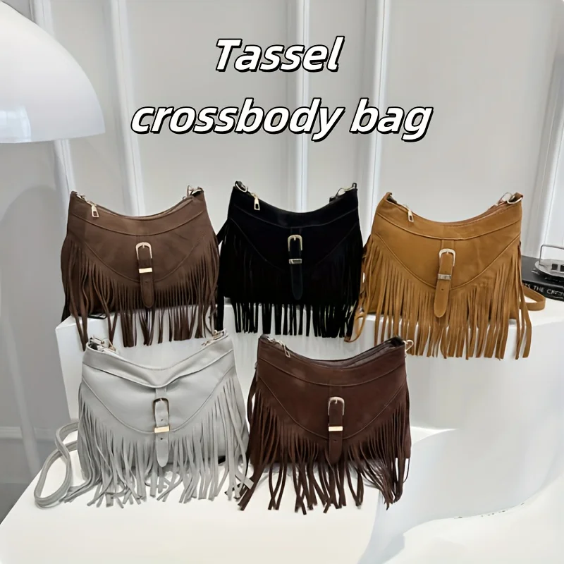 

Lady Maillard retro crossbody bag with metal accessories, zipper closure, soft and adjustable shoulder, Bohemian style with tass