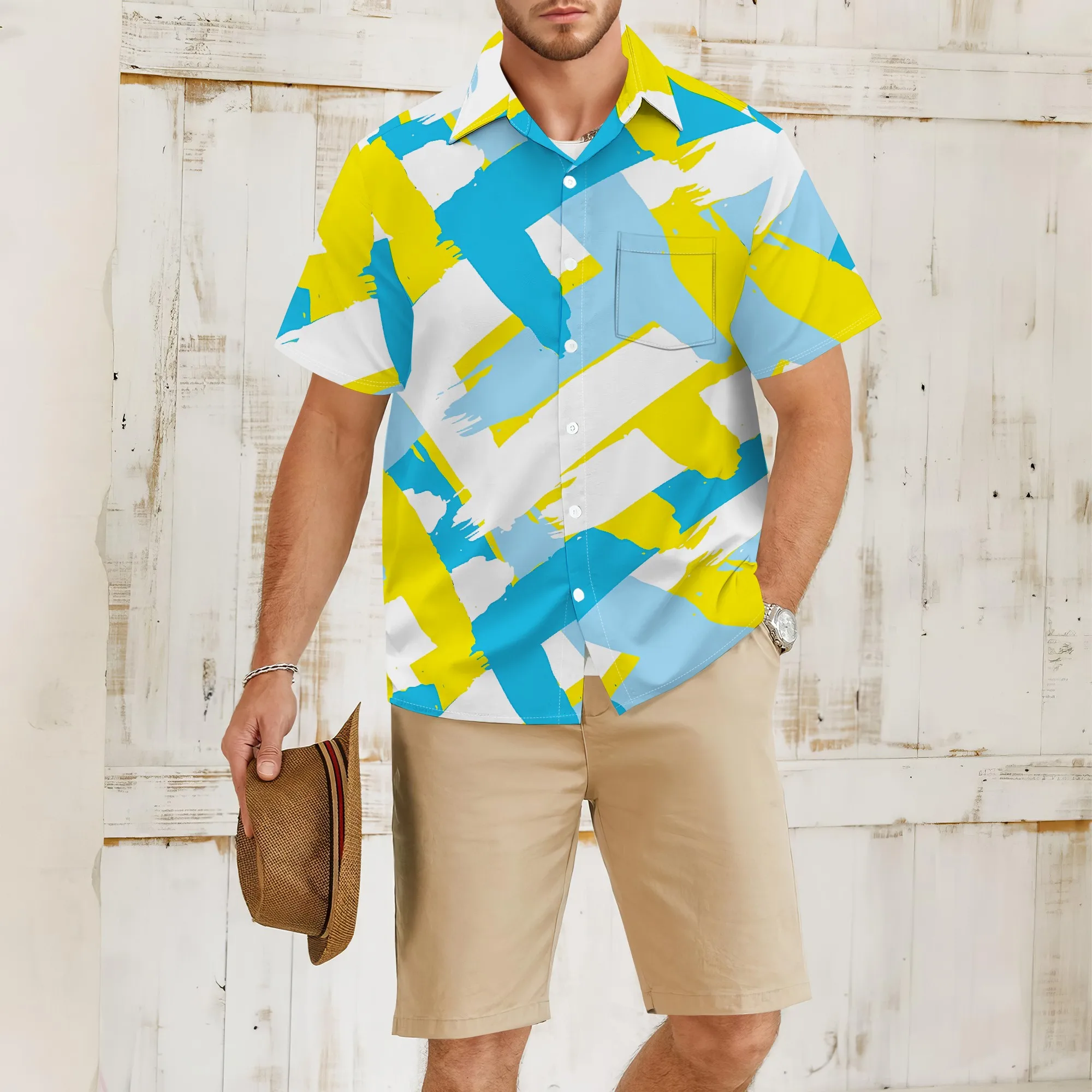 

YEAE Yellow Blue Brushstroke Geometric Print Shirt for Men Summer Casual Short Sleeve Top
