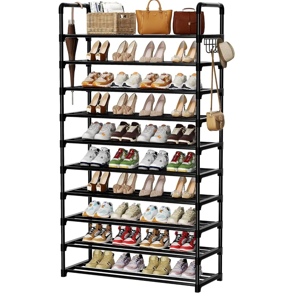 

10 Tier Metal Shoe Rack Storage Organizer with Hooks, Holds 40-45 Pairs for Closet Entryway Hallway Garage Bedroom
