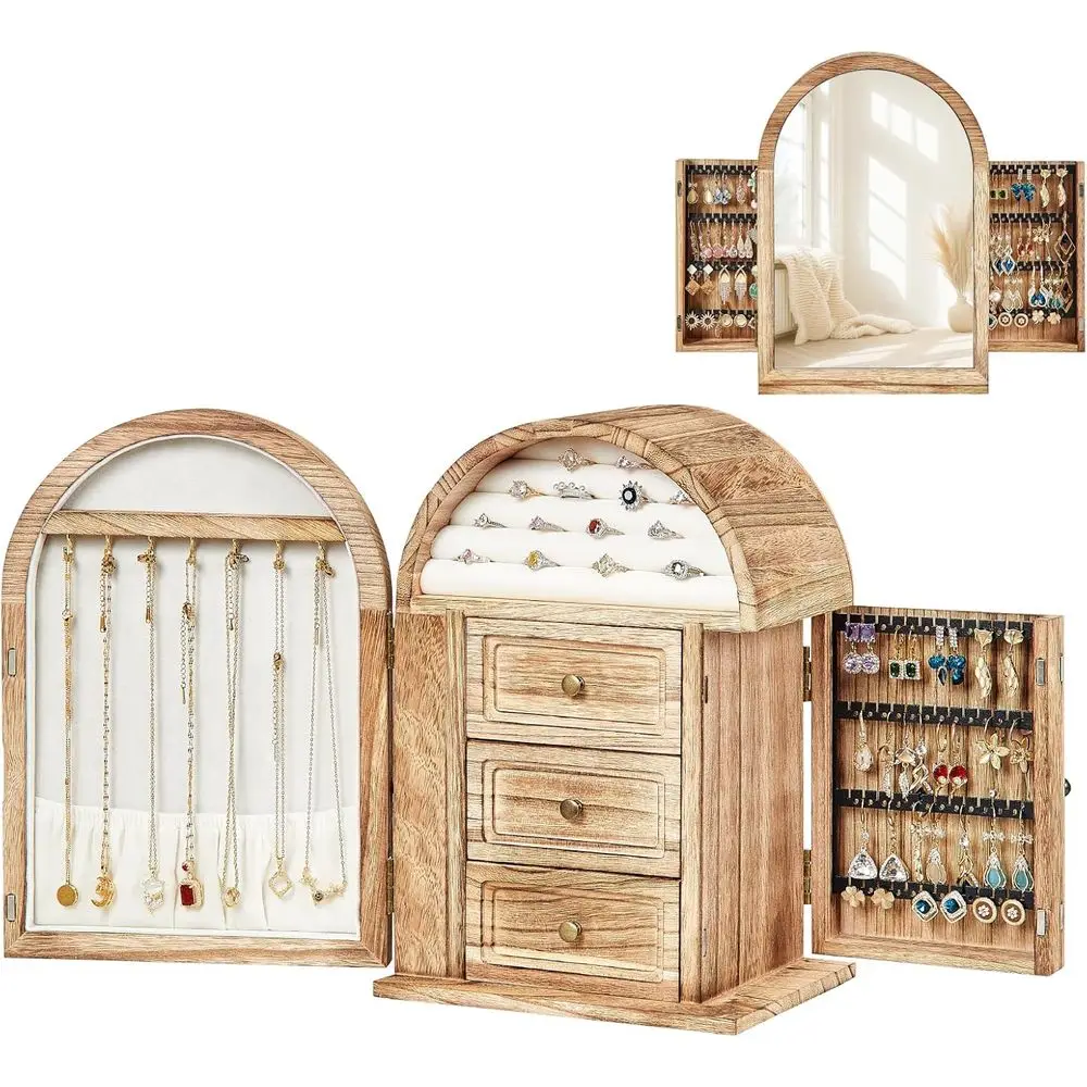 

Шкатулка-органайзер для украшений из массива дерева, для хранения ожерелий, колец, серег, браслетов, с зеркалом и выдвижными ящиками, рождественский подарок для женщин