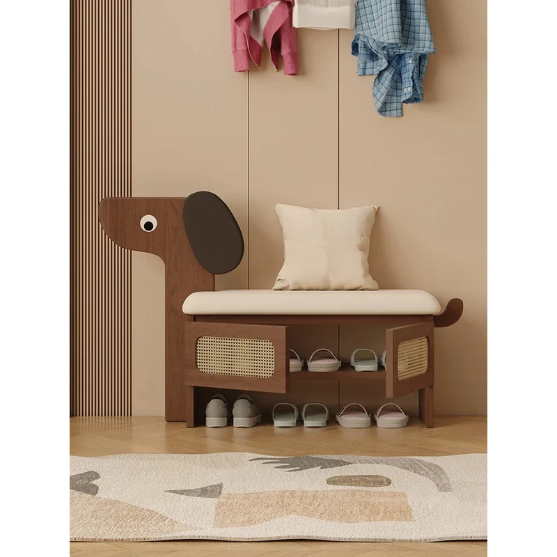 Solid wood puppy changing stool rattan leaf shoe cabinet with entrance door integrated ottoman