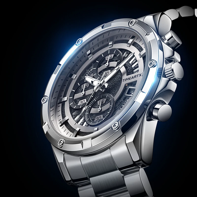 TIMEARTX Men's Luxury Watch Stainless Steel Band Multi-Function Dial Calendar Quartz Wristwatch Classic Fashion