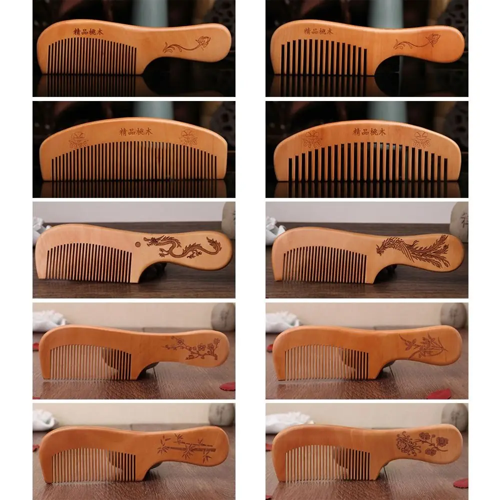 2pcs Anti-static Peach Wood Comb Head Massage Handcrafted Fine Tooth Comb Hair Styling Tool Beard Comb