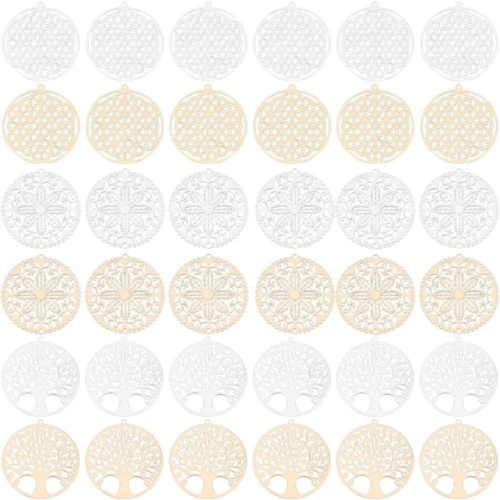 

36Pcs 2 Colors 6 Styles Flat Round with Flower Filigree Pendants Rack Plating Metal Tree of Life Connector Charm