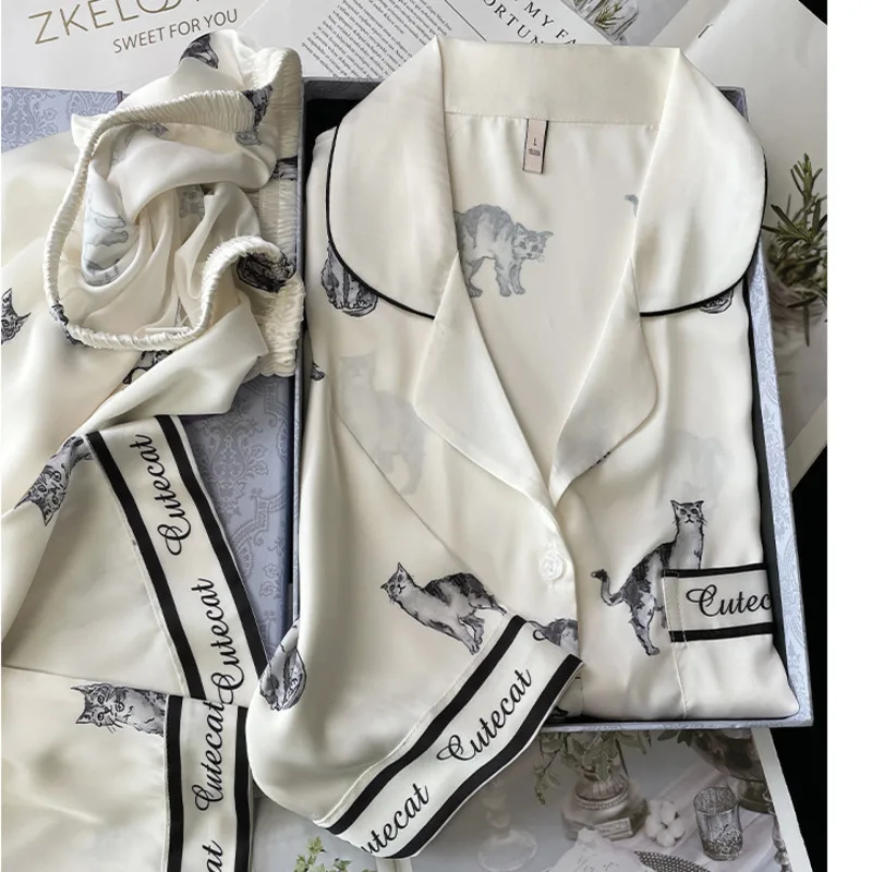 

2025 Spring Autumn Chic White Cartoon Cat Ice Silk Pajamas Women Long Sleeve Pants Two Piece Set Homewear Sleepwear Nightgown