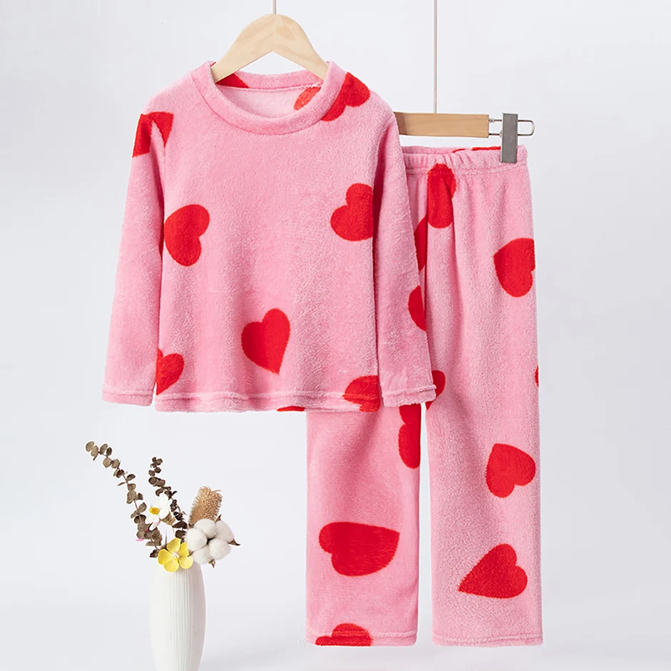 2-teiliges Kinder-Herbst-/Winter-Flanell-Modedruck-Set für Mädchen, herzwarmendes Rundhals-Top, T-Shirt, weiche Fleece-Hose für Jungen – Detail 3