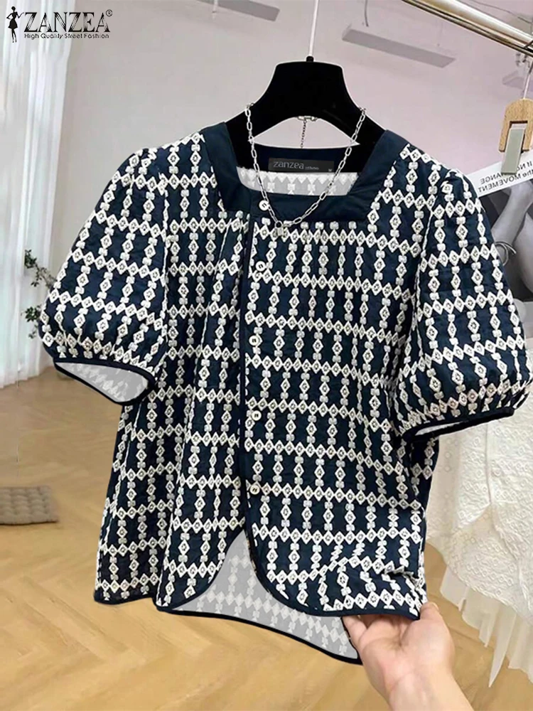 

ZANZEA 2025 Fashion Knitted Shirts Women Short Sleeve Printed Tops Asymmetric Cardigan Casual Square Collar Open-Stitch Blusas