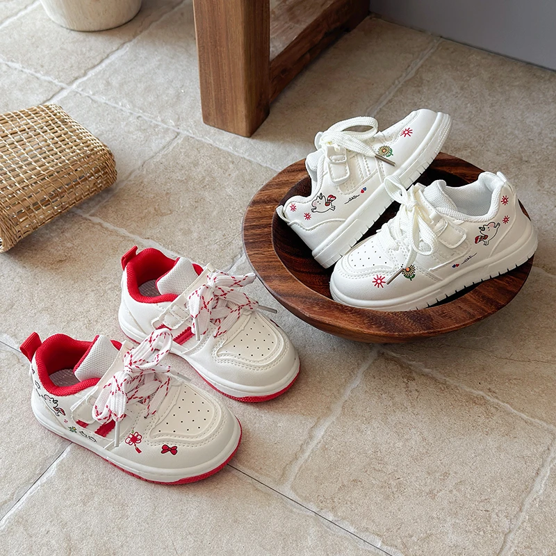 

Kids'Casual Shoes Sneakers PU Leather Printed Spring Shoes For Girls Hook and Loop Breathable Beige Red Shoes Size 16-26