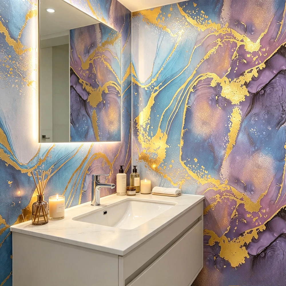Gloss Blue Purple Gold Vein Marble Peel and Stick Wallpaper Waterproof Kitchen Backsplash Contact Paper