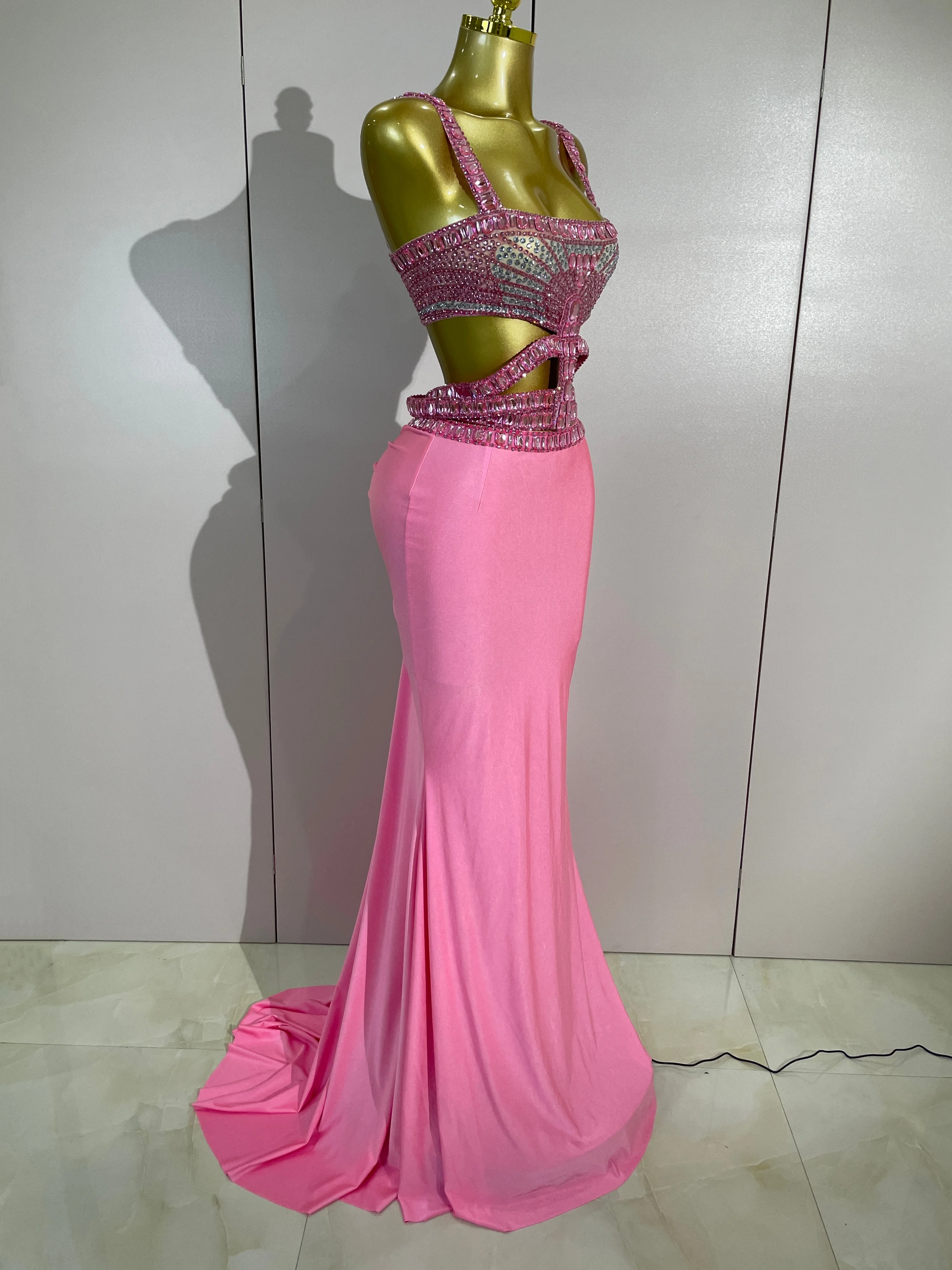 Luxury Sparkly Rhinestone Pink Sexy Sleeveless Long Dress Two Pieces Set Birthday Evening Party Nightclub Party Club Stage Wear - view 4