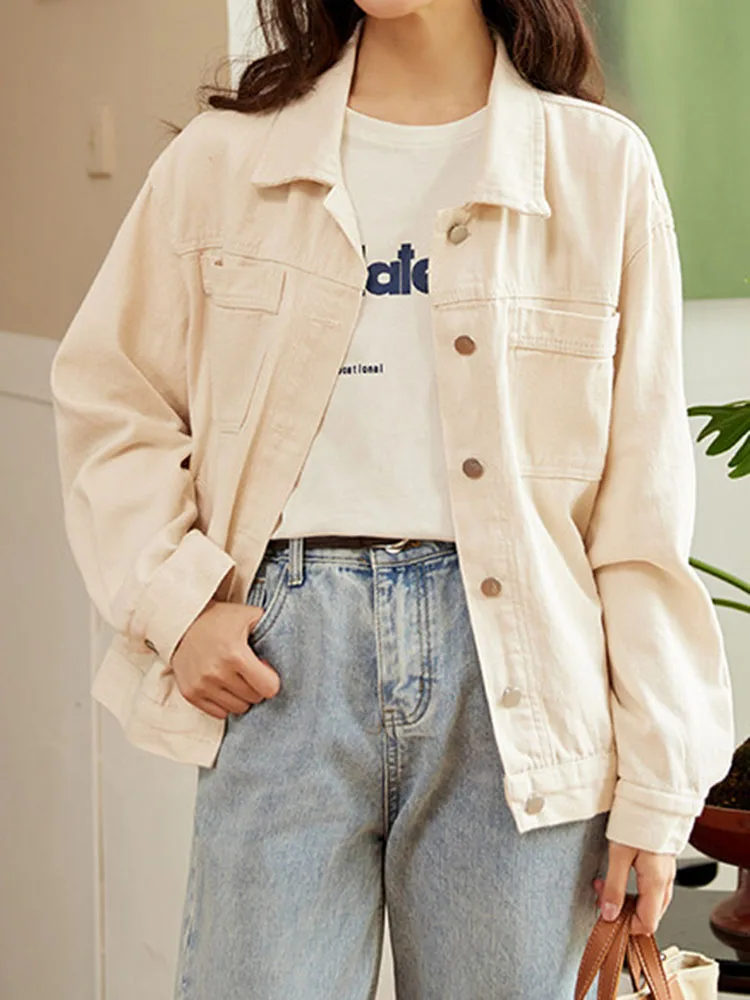 

Korean Fashion Vintage Denim Outerwears Women Casual Lapel Neck Single Breasted Jackets Tops Spring Fall Long Sleeve Chaquetas