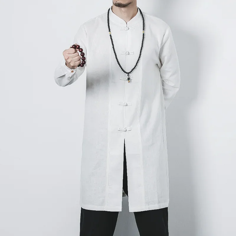 

2023 Chinese Autumn Style New Large Cotton Hemp Mid Length Men's Disc Button Jacket Coat Linen Hanfu Men's