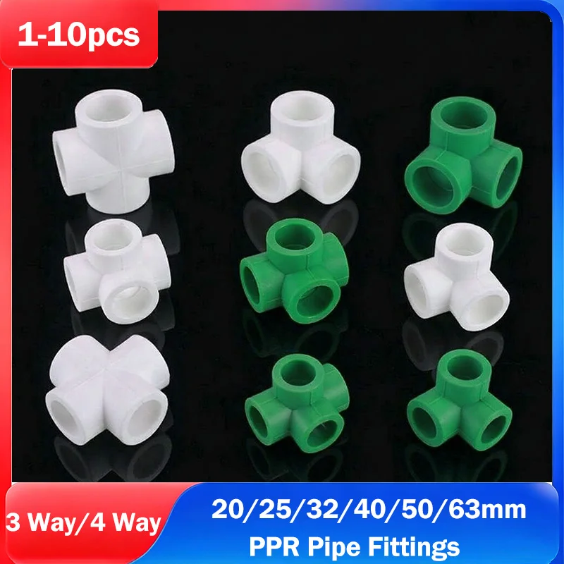 White/Green Equal 3 Way 4 Way PPR Pipe Fittings 3D Offset Cross Fitting for Wall Corners 20/25/32/40/50/63mm Water Pipe Adapter
