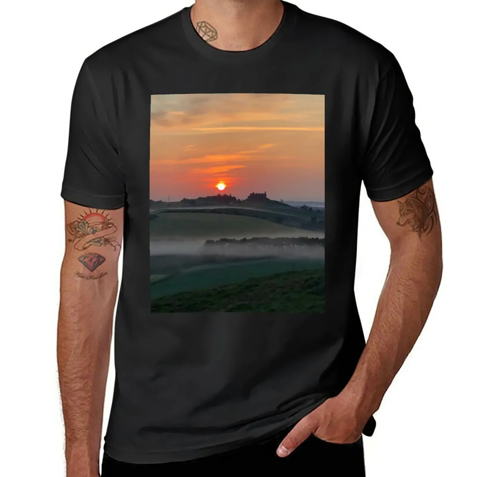 New Misty morning glow over Hume Castle near Kelso, Scottish Borders T-Shirt blank t shirts plain white t shirts men