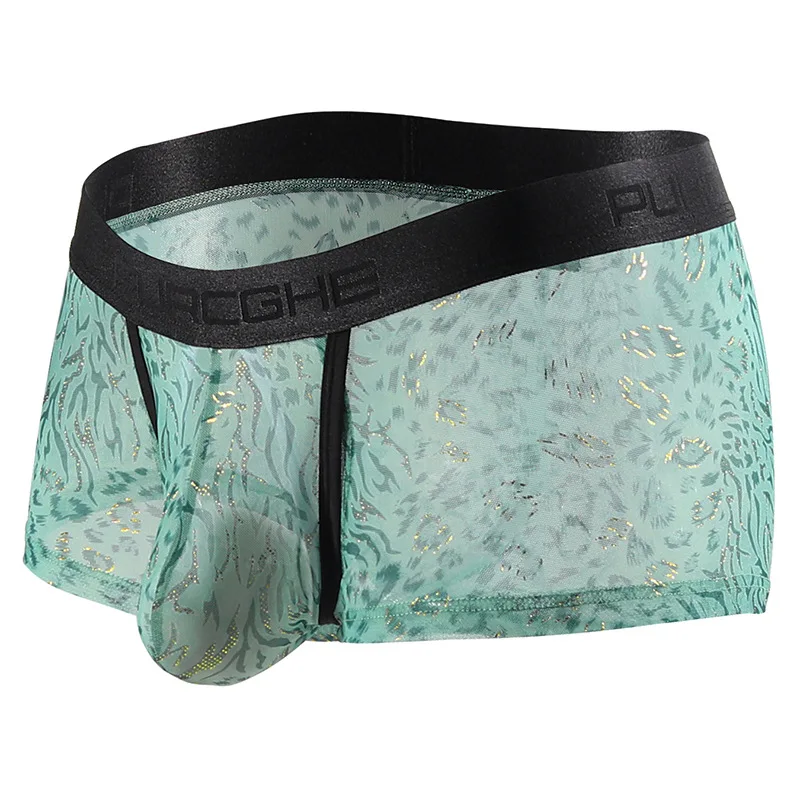 Men Ice Silk Mesh Boxer Briefs Leopard Print Bullet Separated Pouch Hot Stamping Semi-transparent Breathable Male Underwear