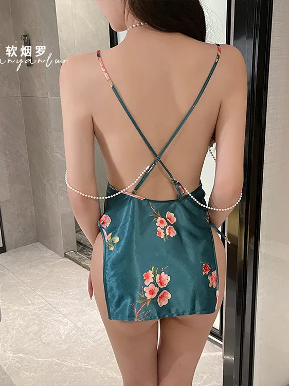 Gaun Mini ramping seksi elegan motif cetak Retro hiasan rantai mutiara kerah V selempang musim panas 8094 biru LVDP