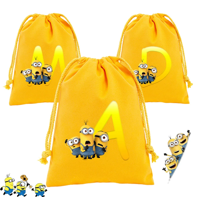 Cute Minionss Drawstring Bag Letters A-Z Despicable Mes Print Kids Portable Hand Pocket Kawaii Birthday Party Prepare Gift Pouch