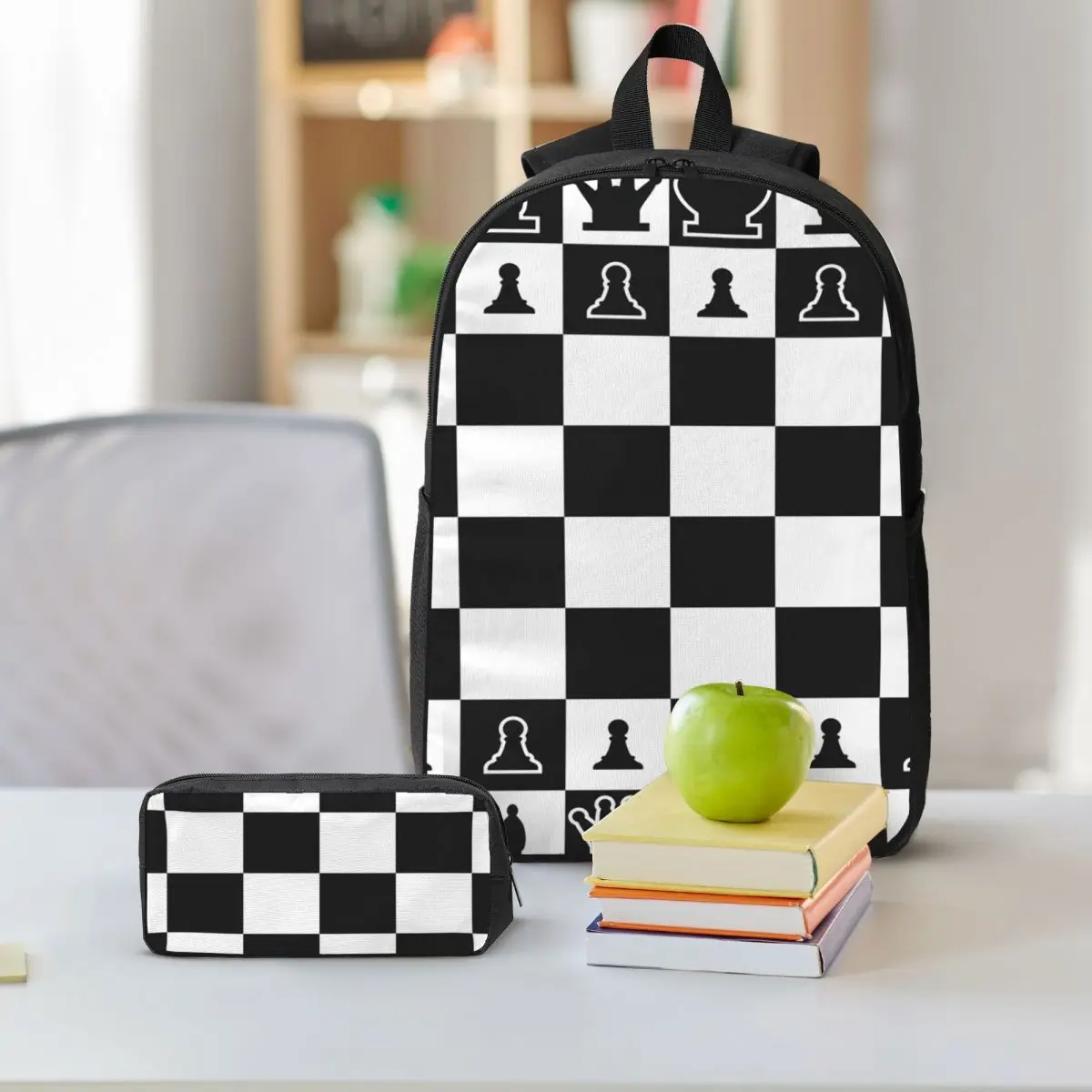 Chess Board Black And White Grid Checkered Backpack Student BookBag School Bag Shoulder Bags 3ps Insulated Lunch Bag Pencil Case