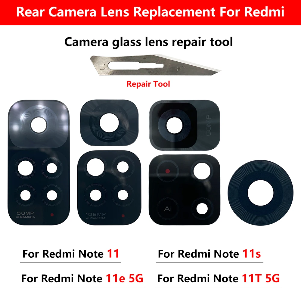 5Pcs，Back Rear Camera Glass Lens Replacement With Glue Adhesive For Xiaomi Mi 11T 14T Pro 11 Lite 12 Redmi Note 11S 11E 11T 5G